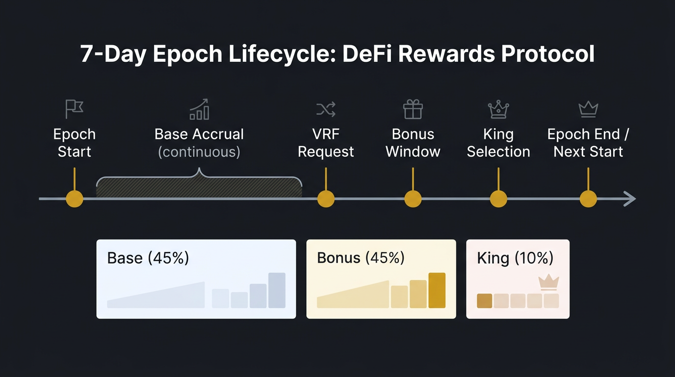 Epoch lifecycle: genesis, weekly epochs, VRF, and fee recycling