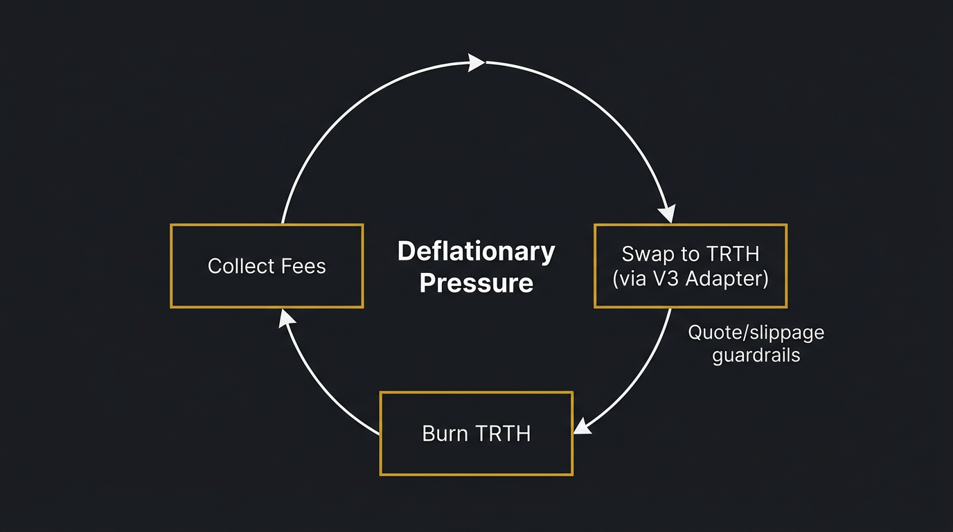 FeeSink flow: collect, swap with guards, burn TRTH